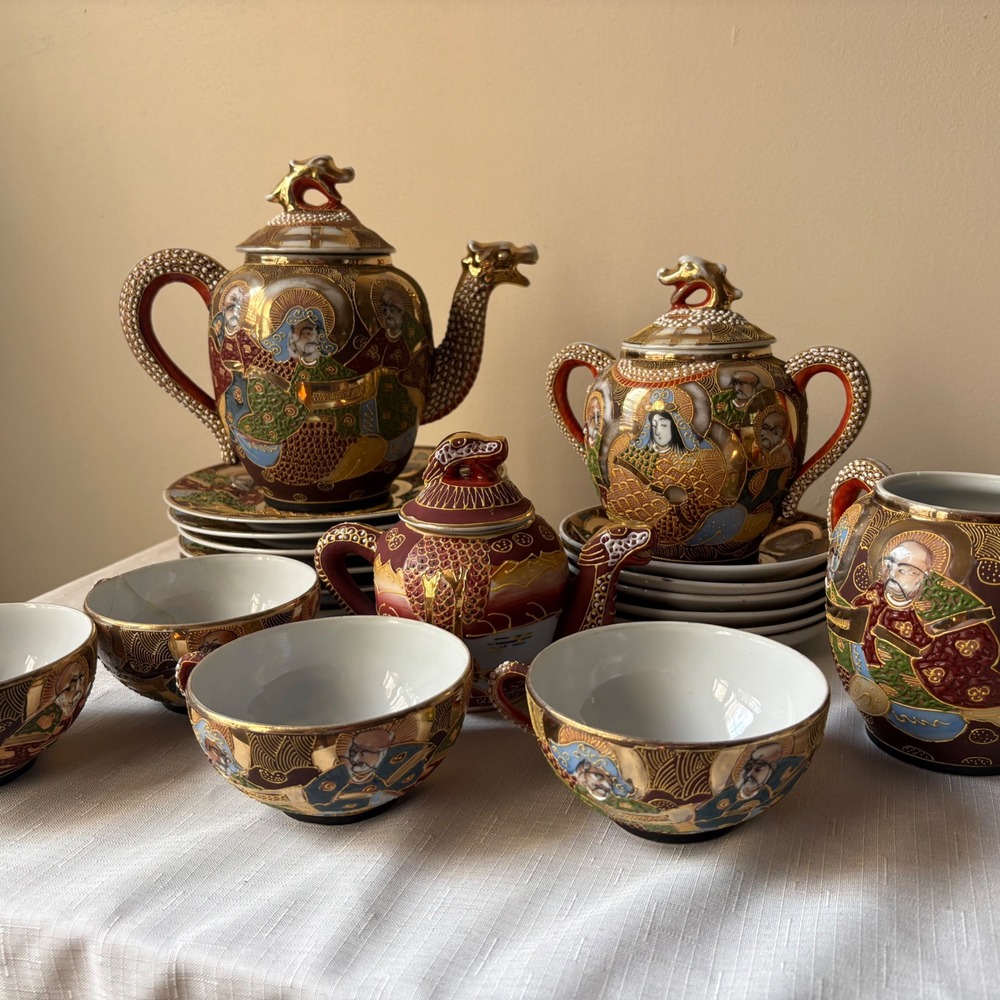 Vintage Japanese Satsuma Moriage Immortals Tea Set Dragon Spout 21 Piece Service